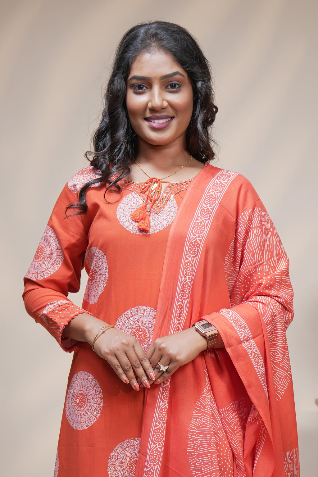 women orange mandala block print straight kurta set with pant and dupatta