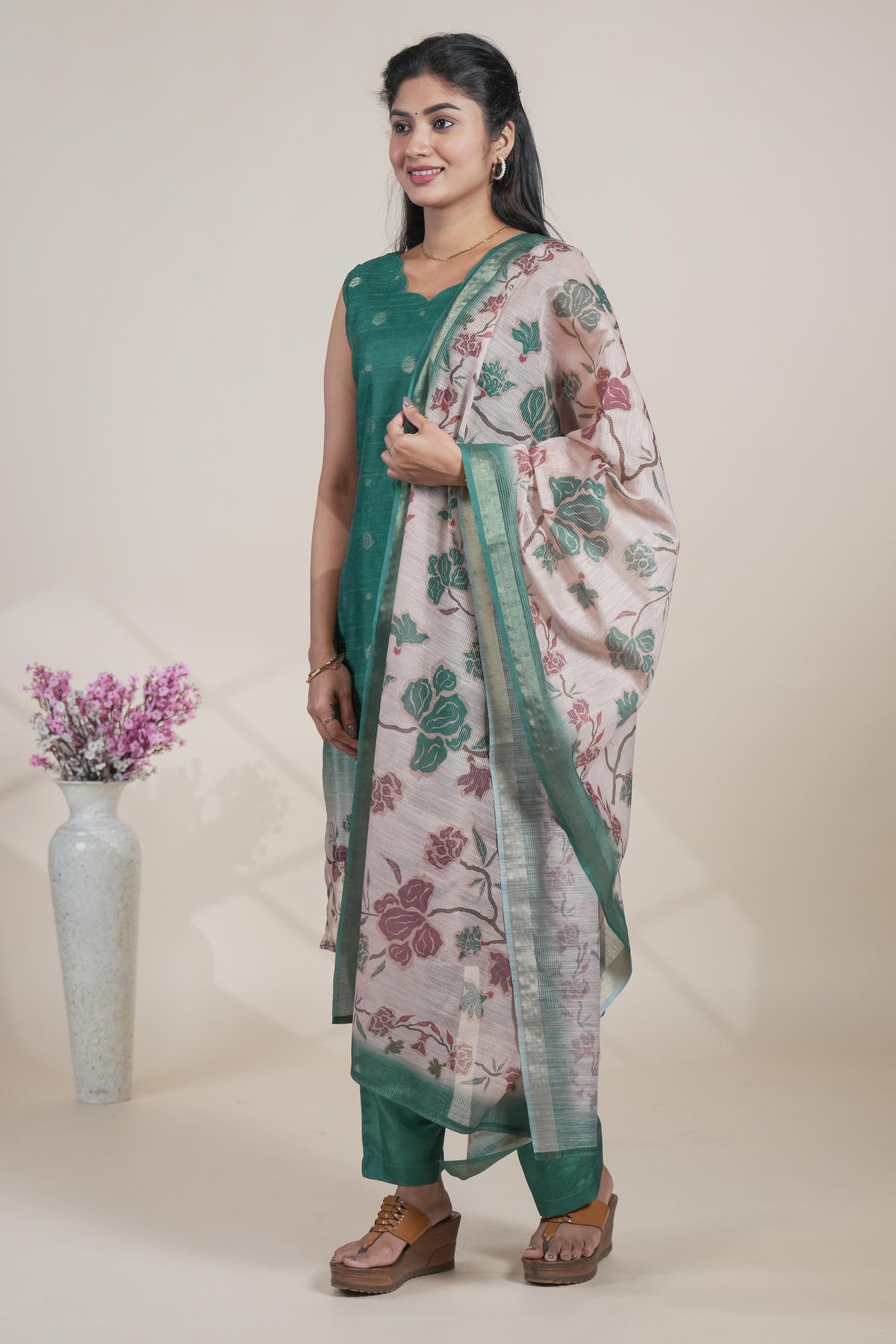 Green floral designed straight cut kurta set with pant and a shawl