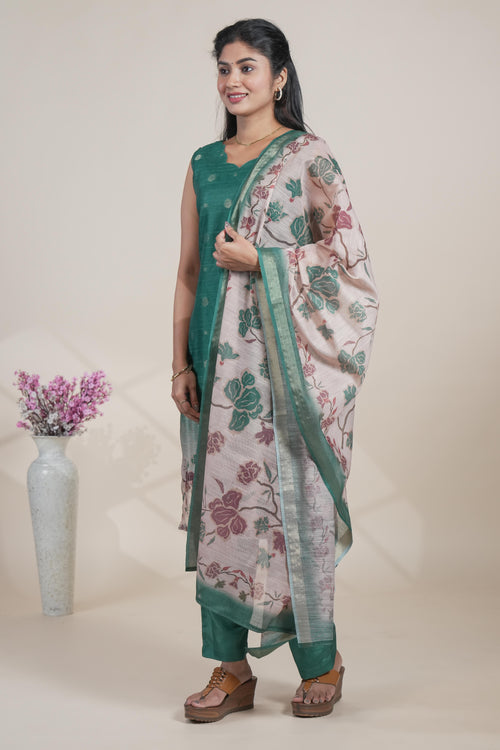 Green floral designed straight cut kurta set with pant and a shawl
