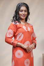 women orange mandala block print straight kurta set with pant and dupatta