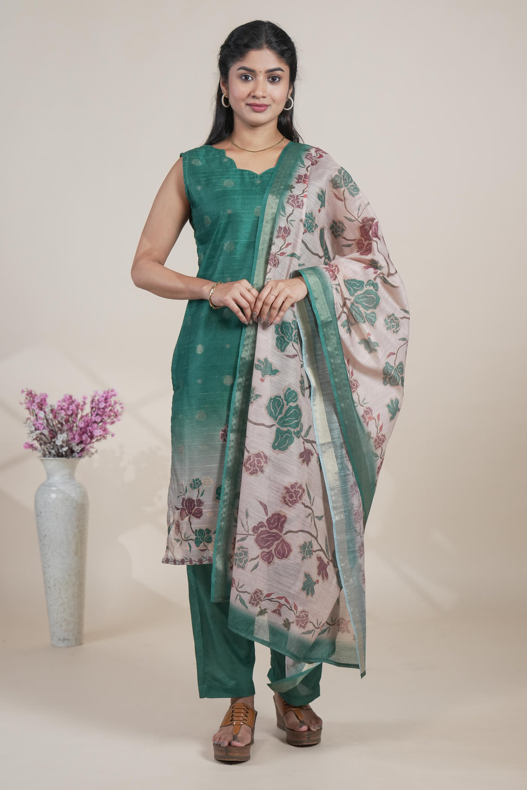 Green floral designed straight cut kurta set with pant and a shawl