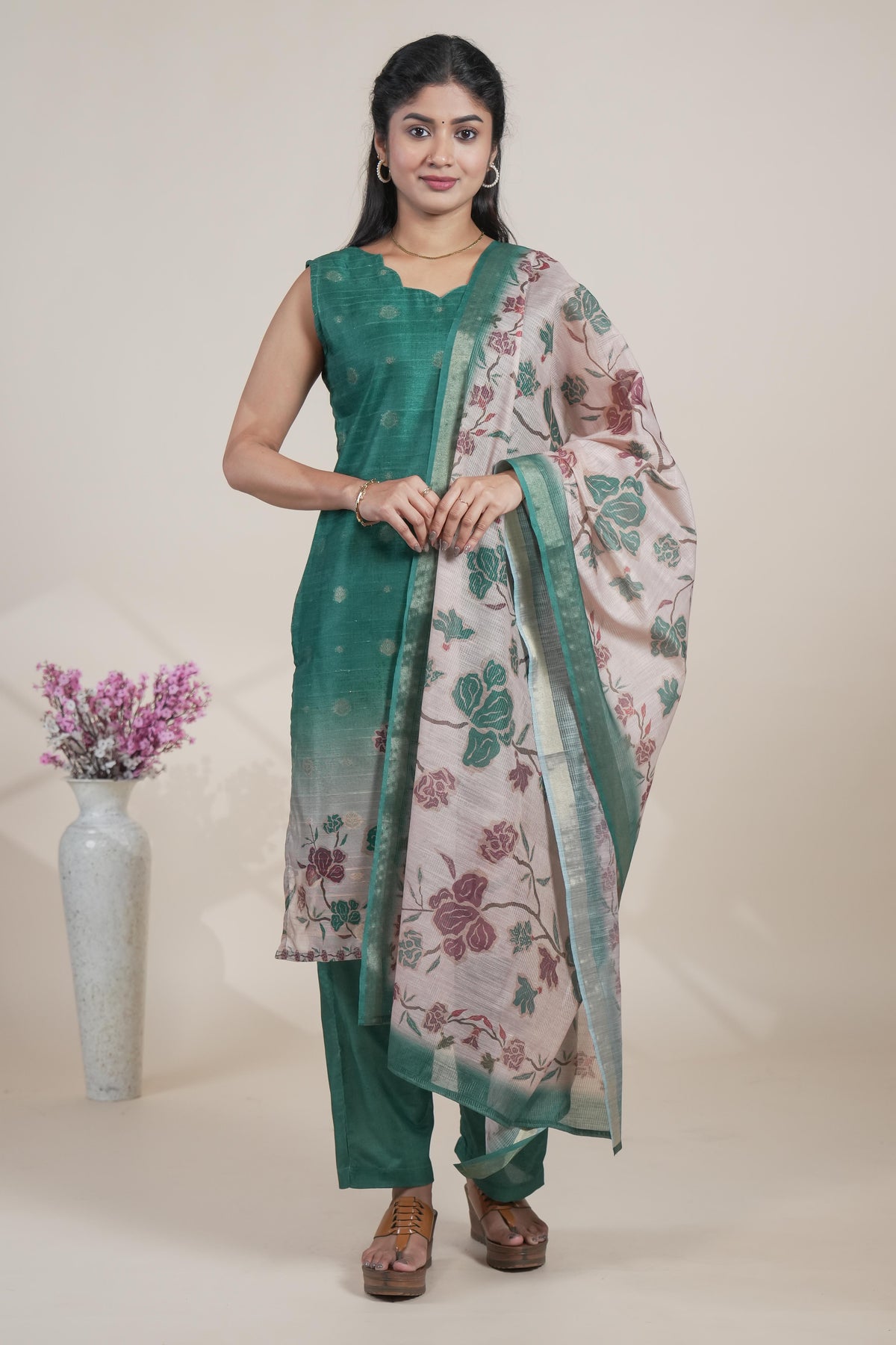 Green floral designed straight cut kurta set with pant and a shawl