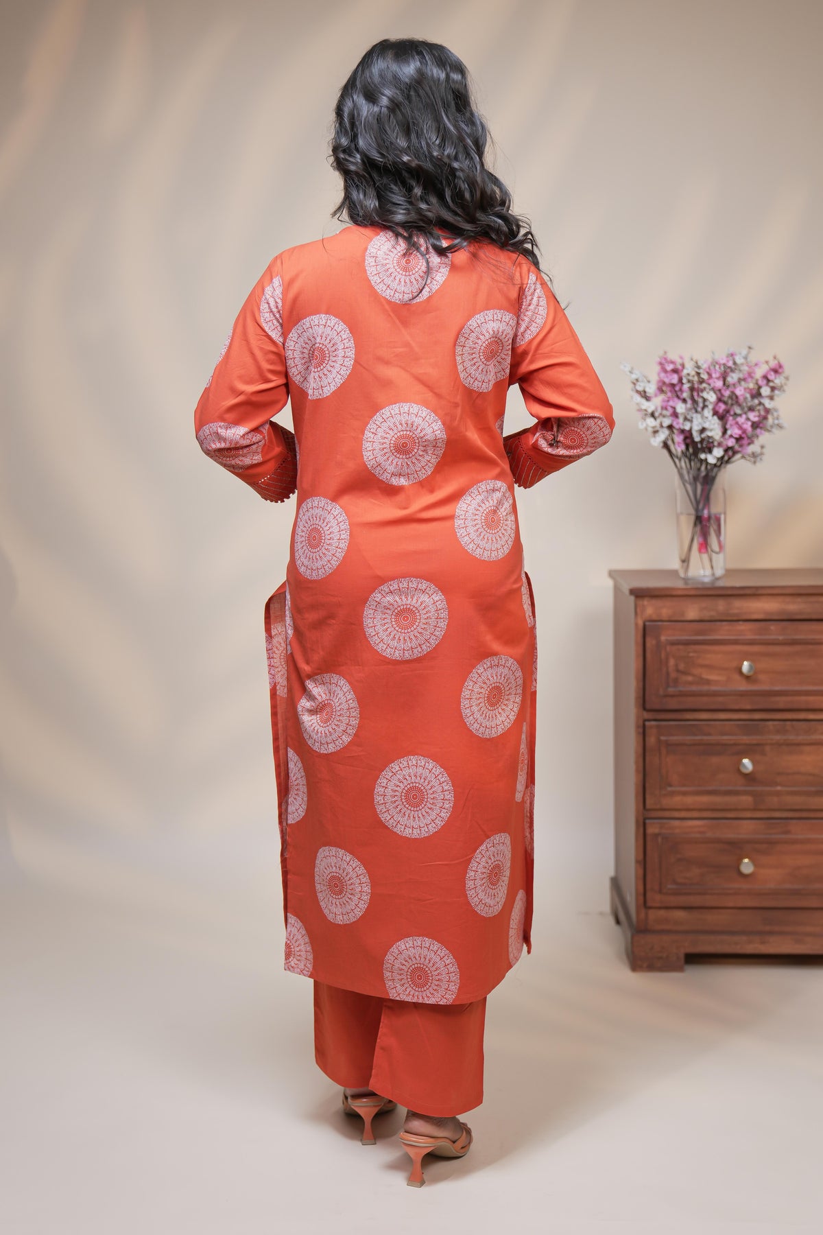 women orange mandala block print straight kurta set with pant and dupatta