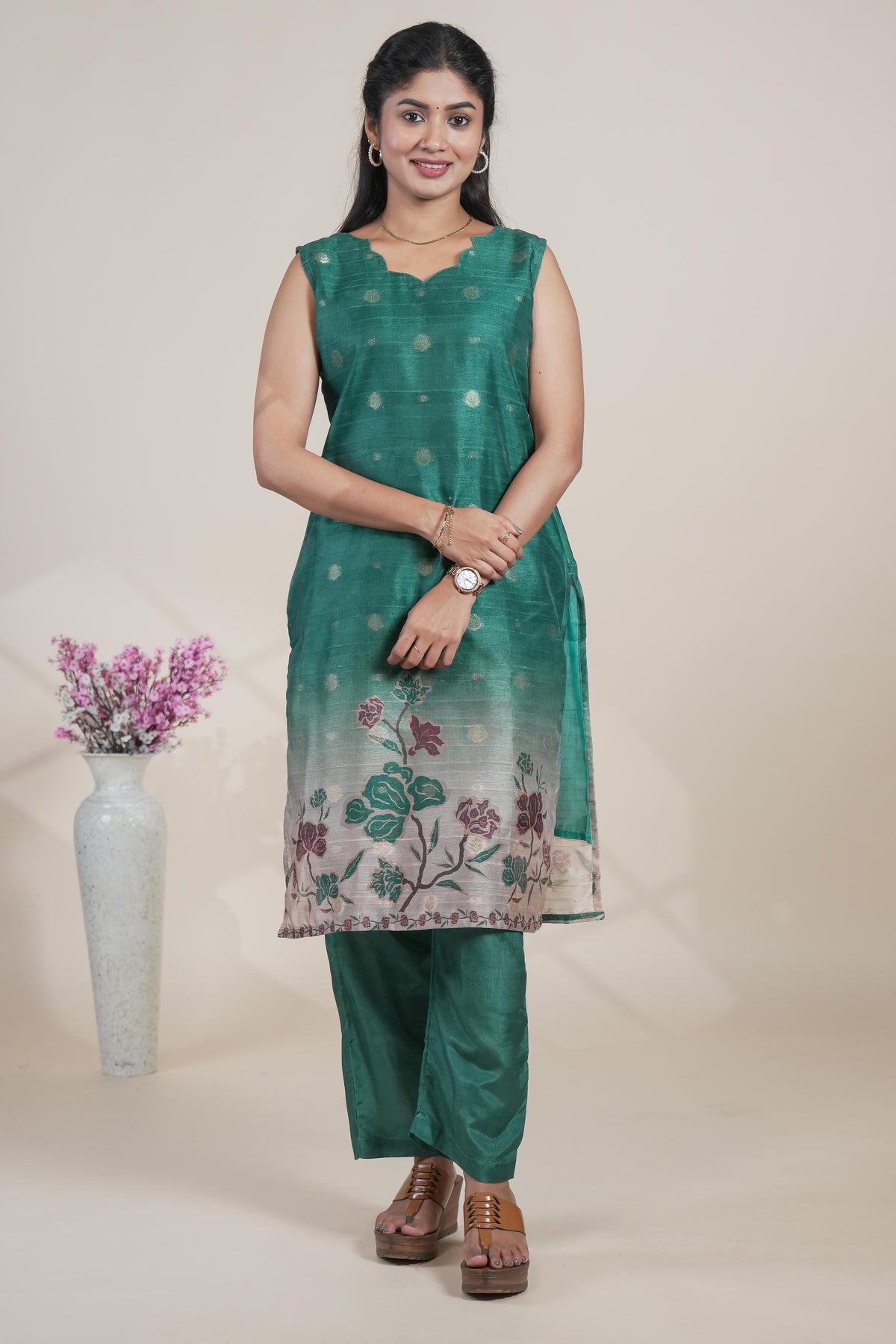 Green floral designed straight cut kurta set with pant and a shawl
