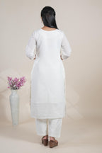 white floral designed straight cut kurta set with 3/4 sleeve and a shawl