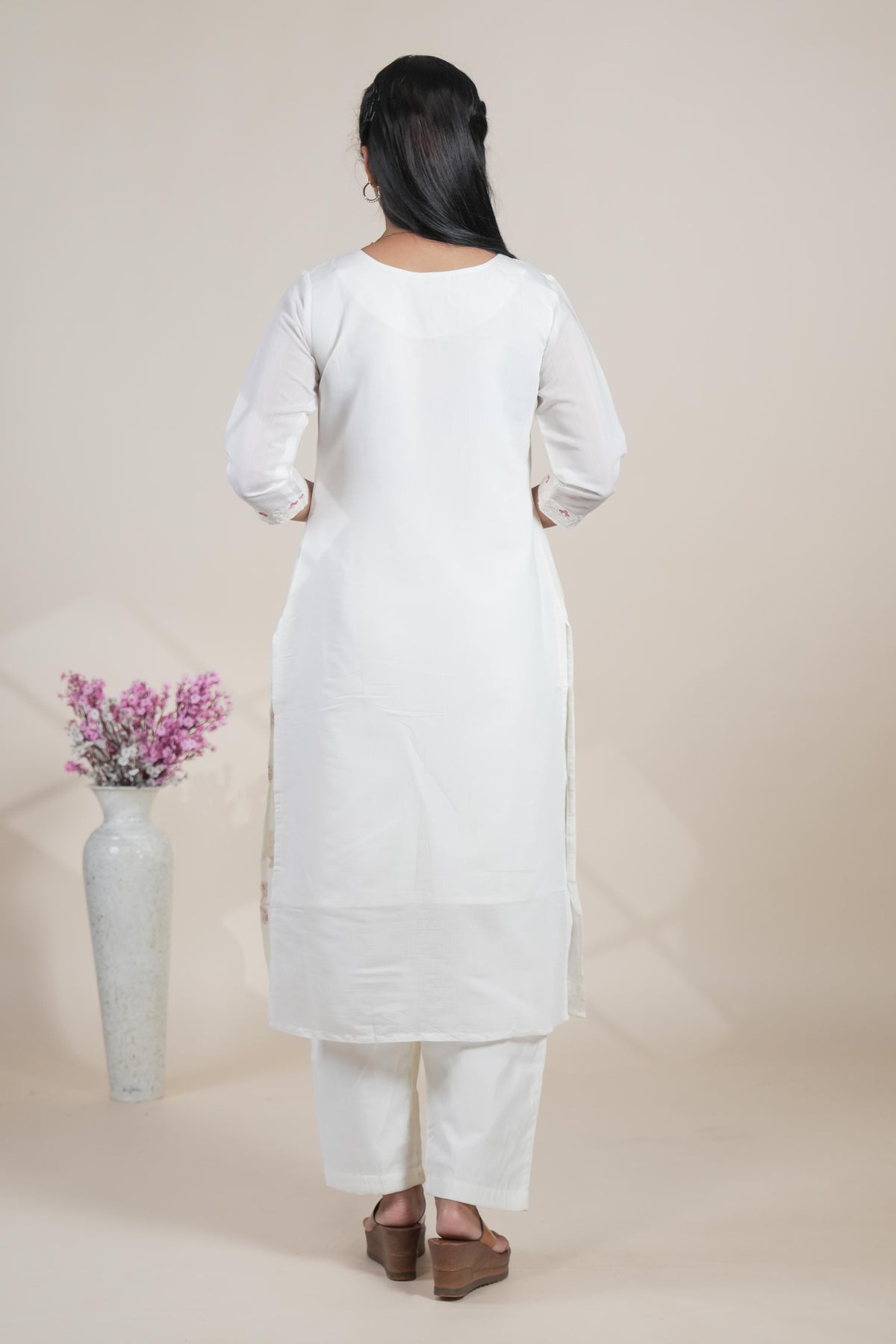 white floral designed straight cut kurta set with 3/4 sleeve and a shawl