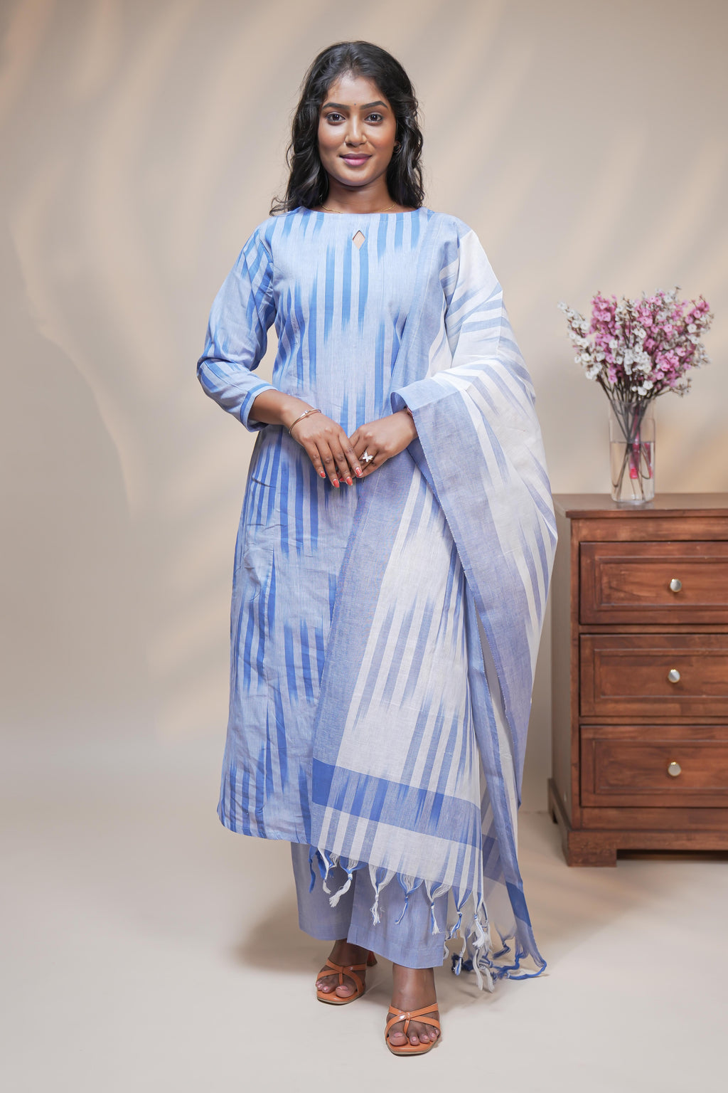 women blue striped straight cotton kurta set with matching pant and dupatta
