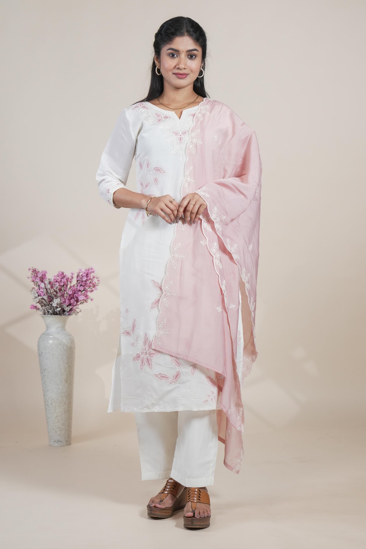 white floral designed straight cut kurta set with 3/4 sleeve and a shawl