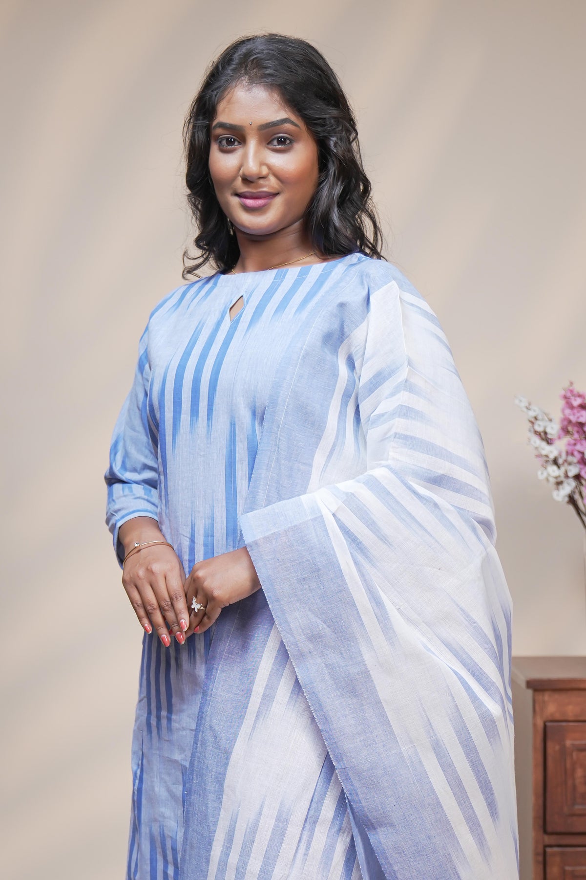 women blue striped straight cotton kurta set with matching pant and dupatta