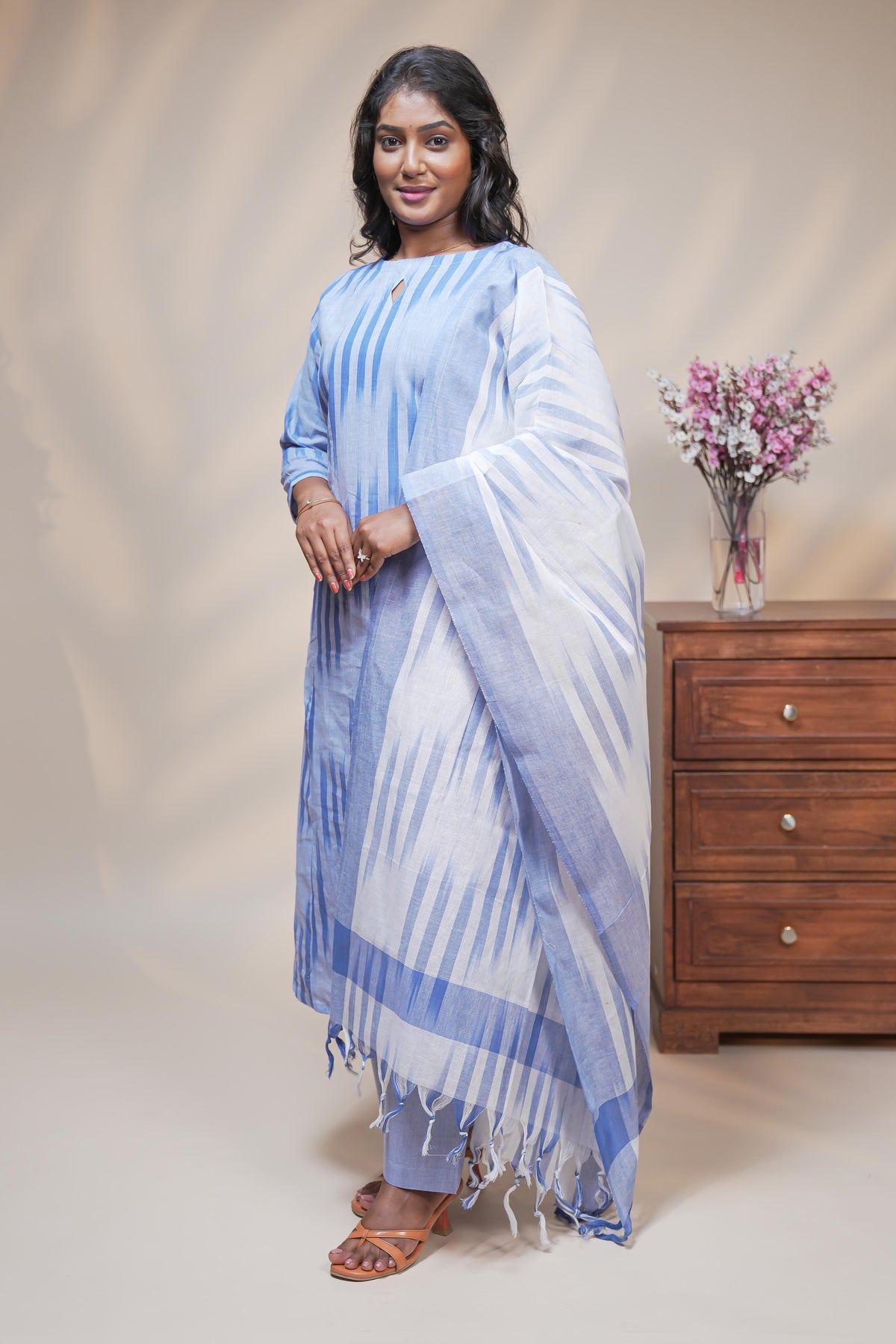 women blue striped straight cotton kurta set with matching pant and dupatta