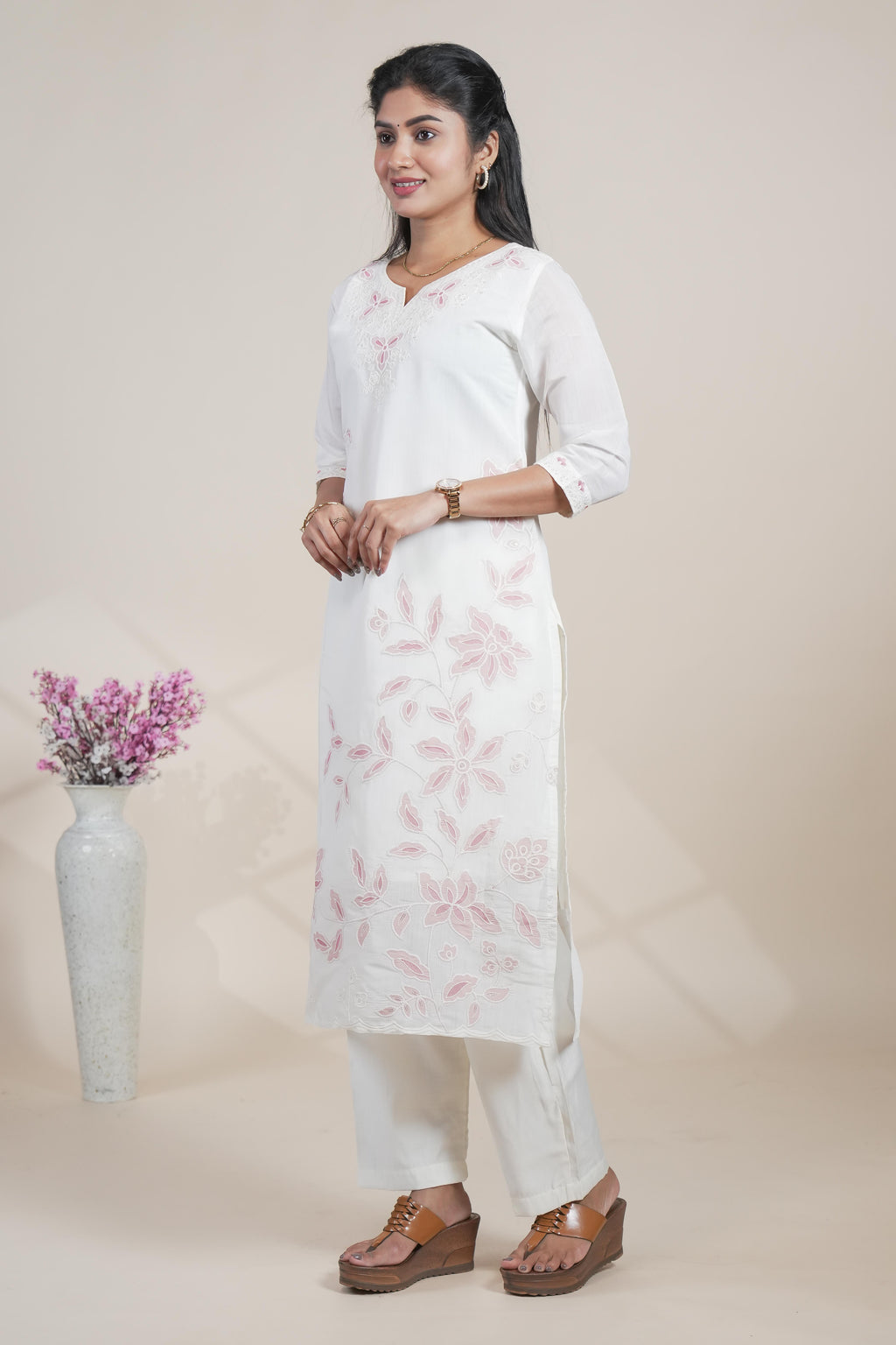 white floral designed straight cut kurta set with 3/4 sleeve and a shawl