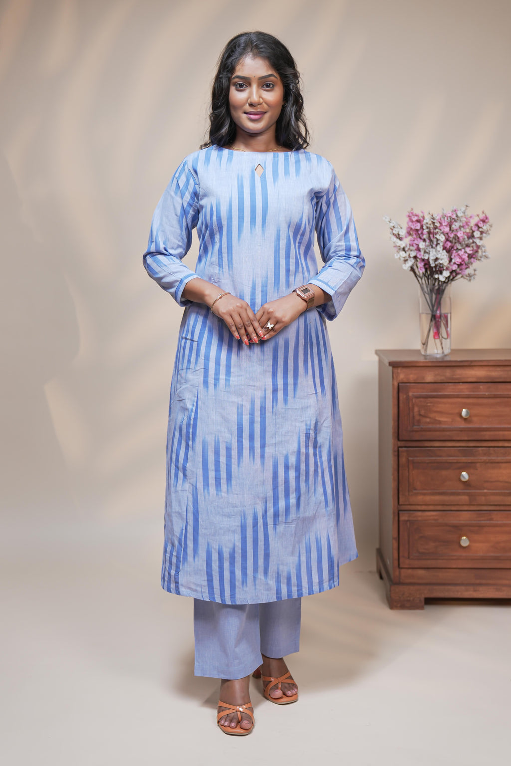 women blue striped straight cotton kurta set with matching pant and dupatta
