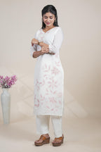 white floral designed straight cut kurta set with 3/4 sleeve and a shawl