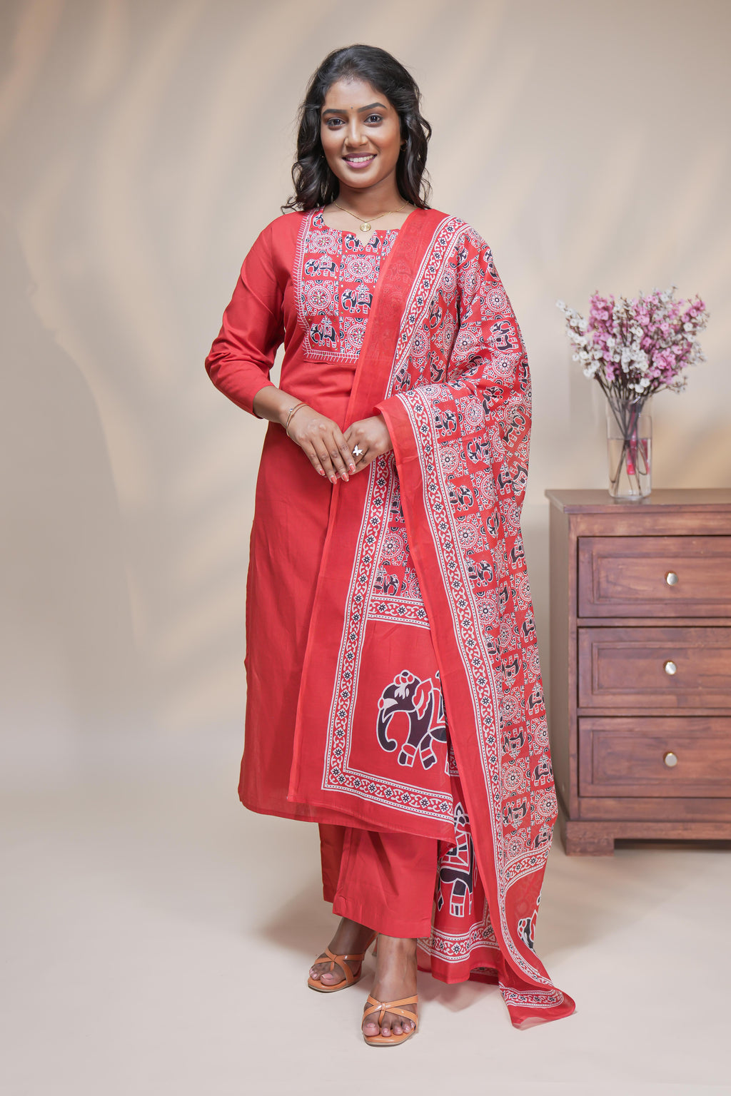 Women brick red cotton straight kurta pant set with traditional elephant block print dupatta