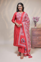Women brick red cotton straight kurta pant set with traditional elephant block print dupatta