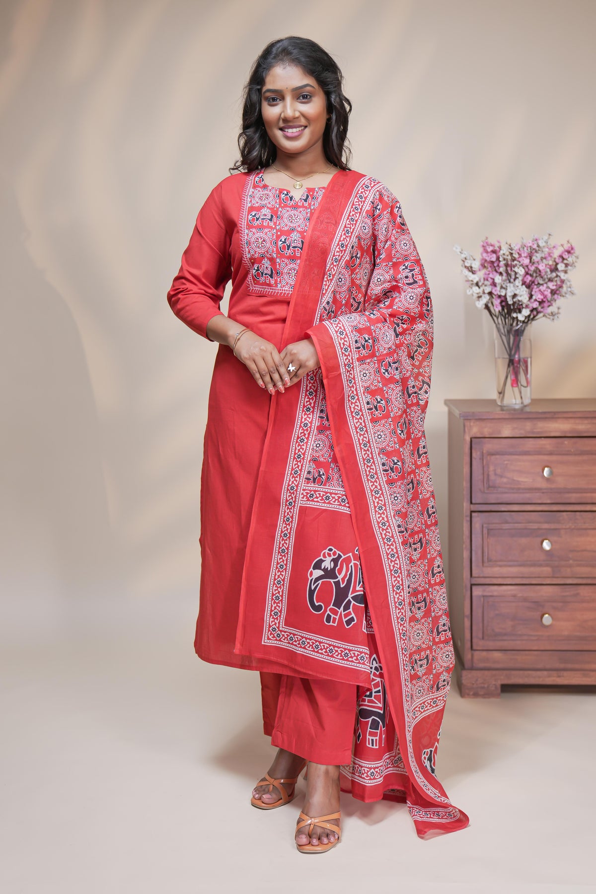 Women brick red cotton straight kurta pant set with traditional elephant block print dupatta