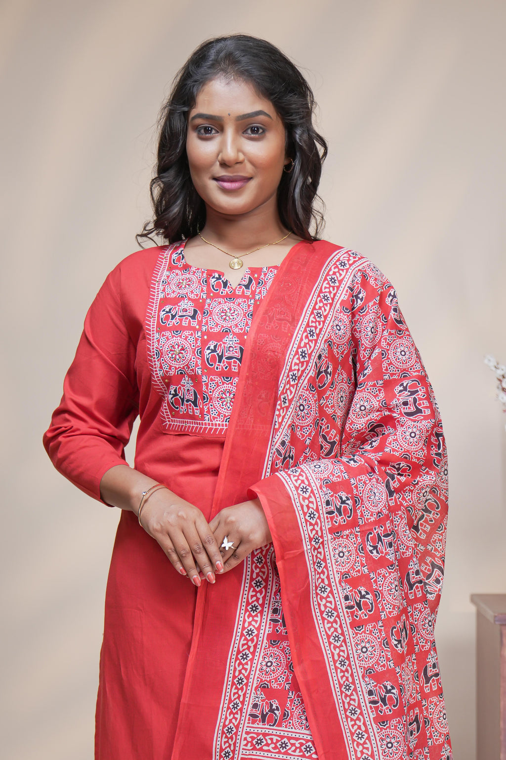 Women brick red cotton straight kurta pant set with traditional elephant block print dupatta