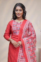 Women brick red cotton straight kurta pant set with traditional elephant block print dupatta