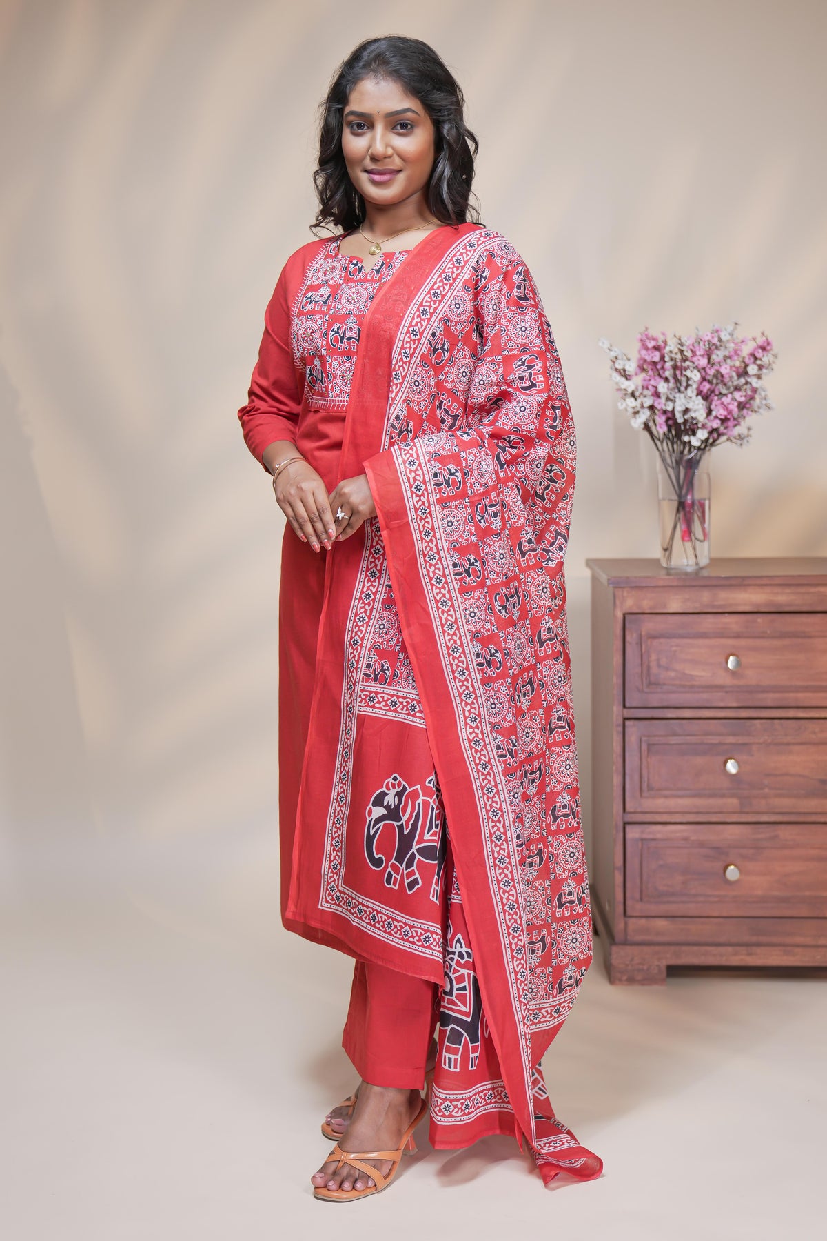Women brick red cotton straight kurta pant set with traditional elephant block print dupatta