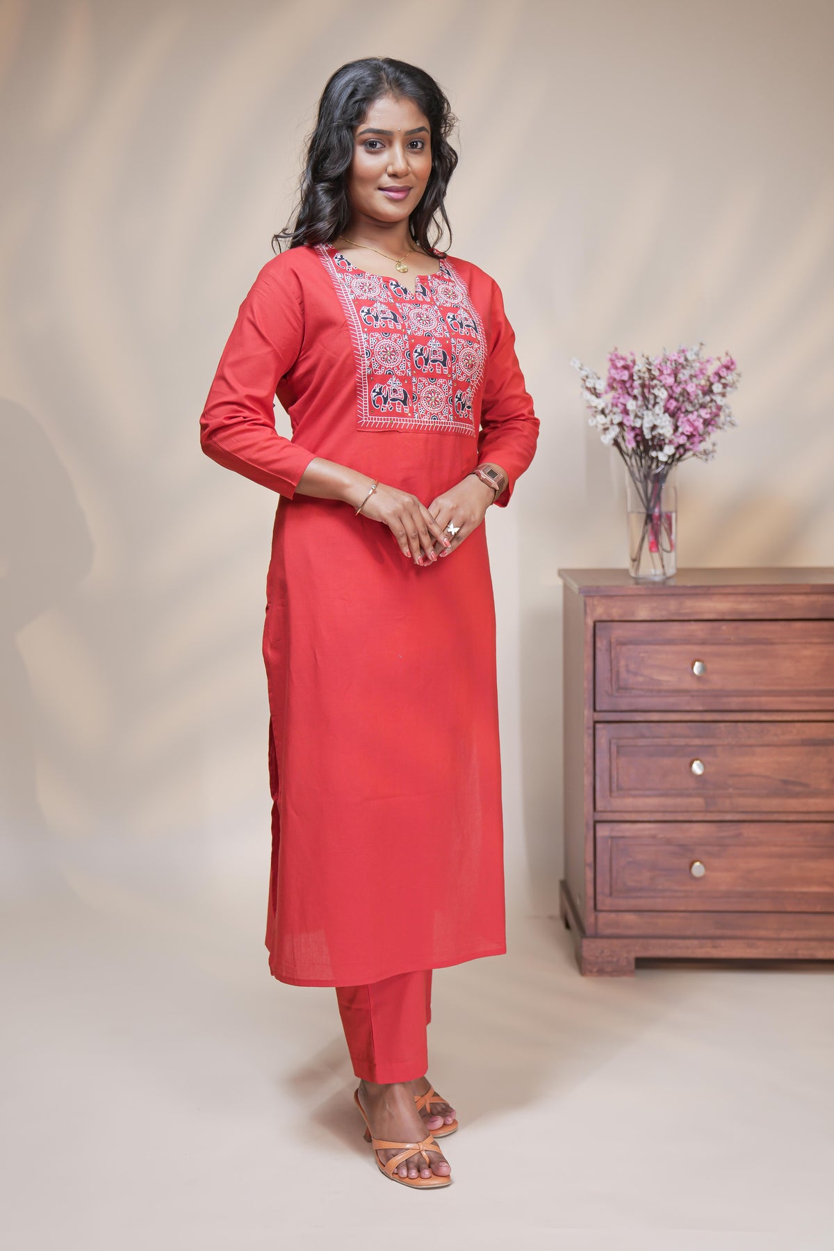 Women brick red cotton straight kurta pant set with traditional elephant block print dupatta