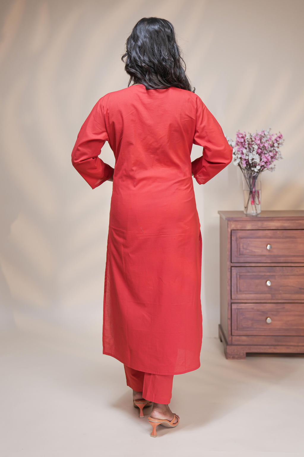 Women brick red cotton straight kurta pant set with traditional elephant block print dupatta