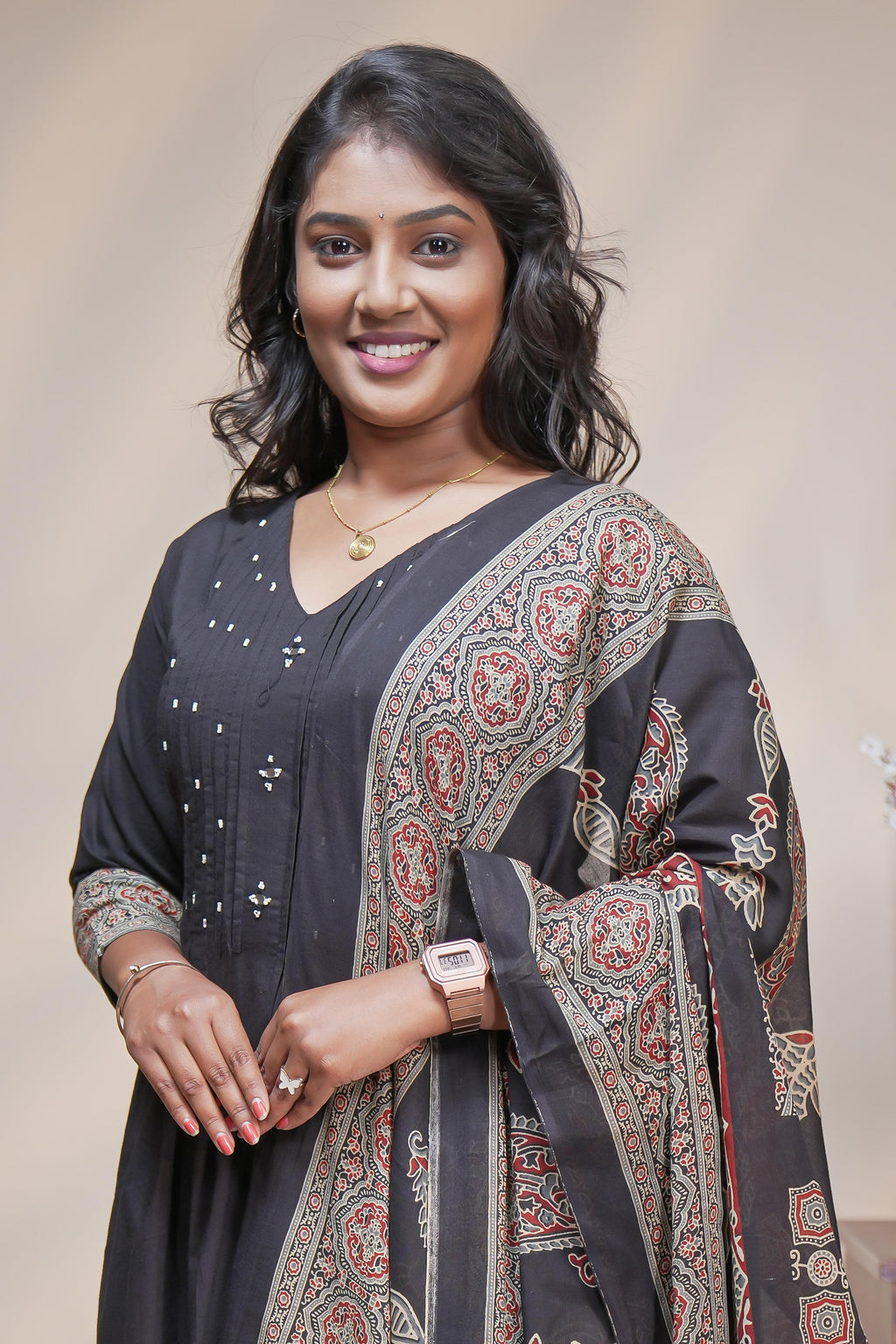 Women charcoal black cotton blend anarkali kurta pant set with kalamkari print dupatta