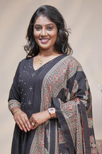 Women charcoal black cotton blend anarkali kurta pant set with kalamkari print dupatta