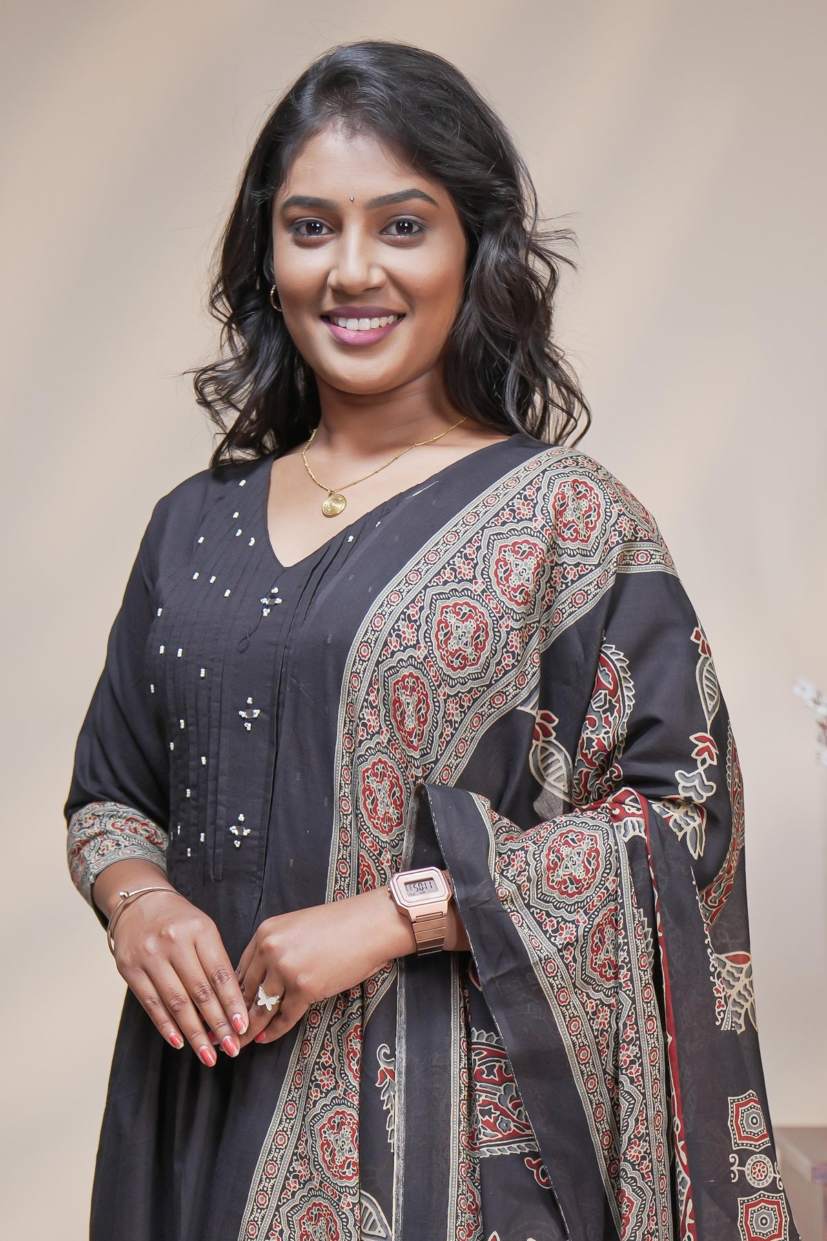 Women charcoal black cotton blend anarkali kurta pant set with kalamkari print dupatta