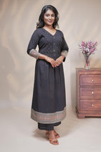 Women charcoal black cotton blend anarkali kurta pant set with kalamkari print dupatta