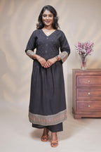 Women charcoal black cotton blend anarkali kurta pant set with kalamkari print dupatta