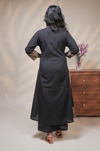 Women charcoal black cotton blend anarkali kurta pant set with kalamkari print dupatta