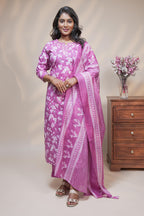 women pink floral designed straight kurta set with matching pant and dupatta
