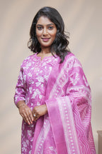 women pink floral designed straight kurta set with matching pant and dupatta
