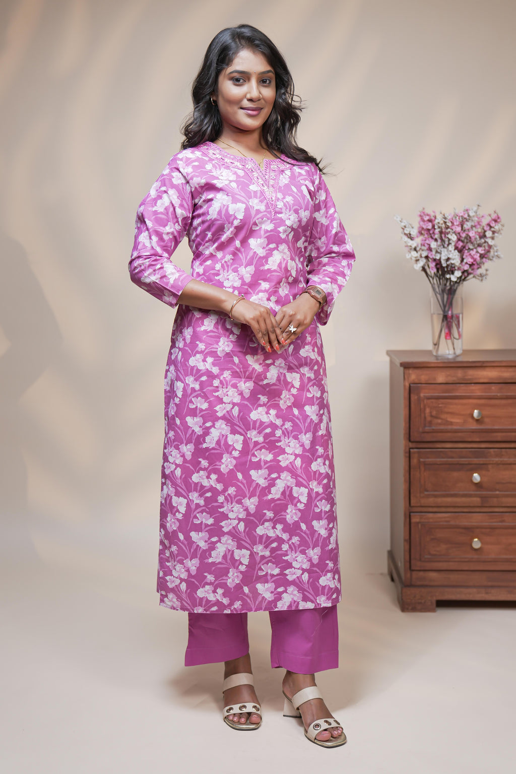 women pink floral designed straight kurta set with matching pant and dupatta