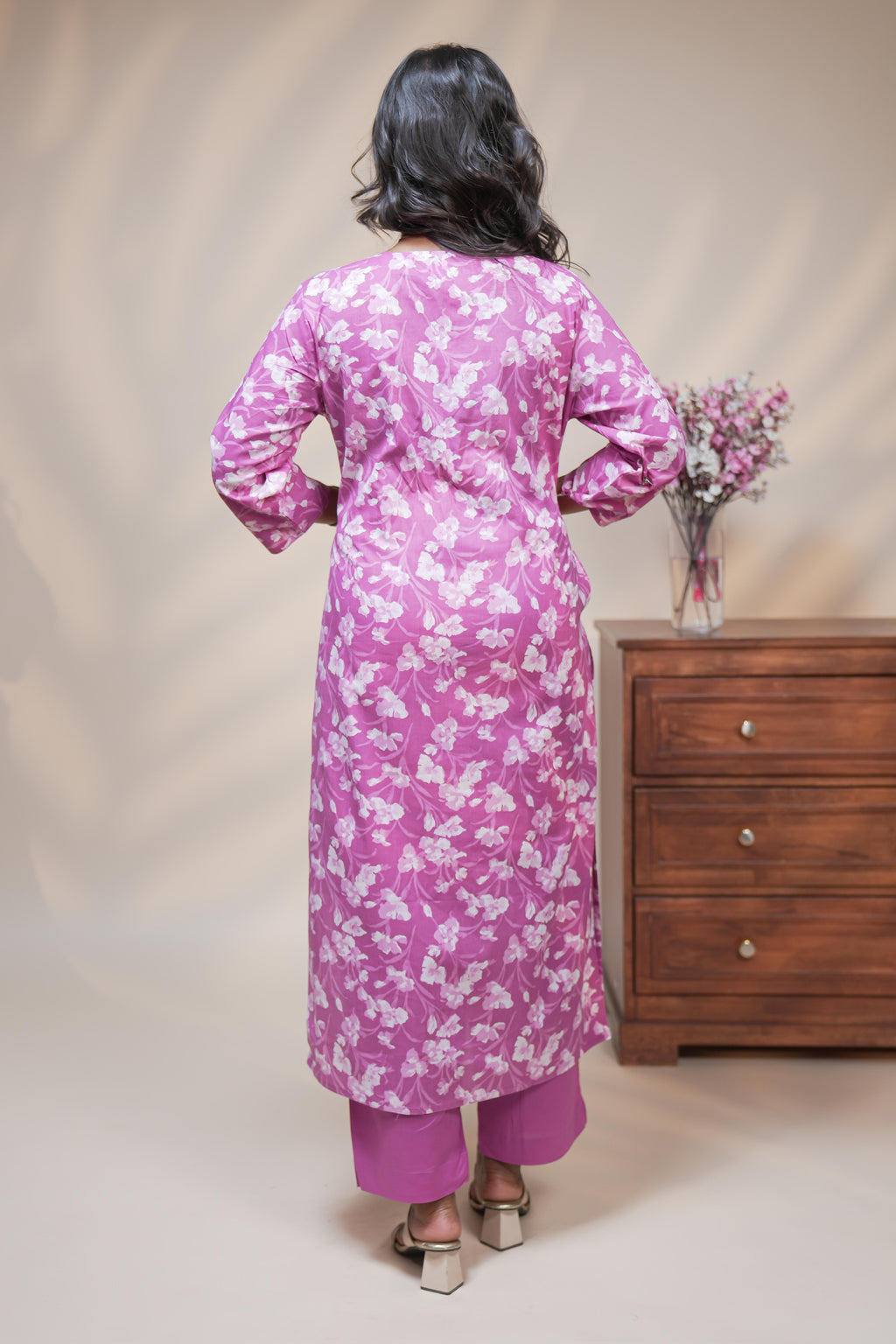 women pink floral designed straight kurta set with matching pant and dupatta