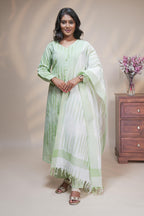 Women mint green striped cotton blend kurta Set with trousers and dupatta set