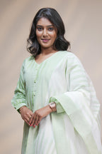 Women mint green striped cotton blend kurta Set with trousers and dupatta set