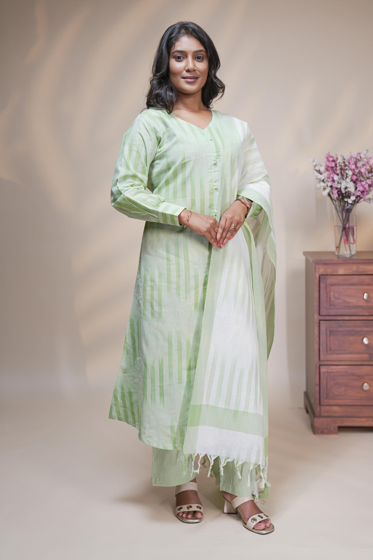 Women mint green striped cotton blend kurta Set with trousers and dupatta set