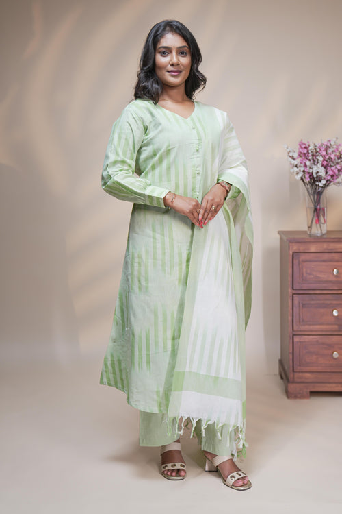 Women mint green striped cotton blend kurta Set with trousers and dupatta set