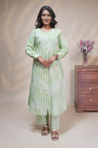 Women mint green striped cotton blend kurta Set with trousers and dupatta set