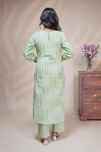 Women mint green striped cotton blend kurta Set with trousers and dupatta set