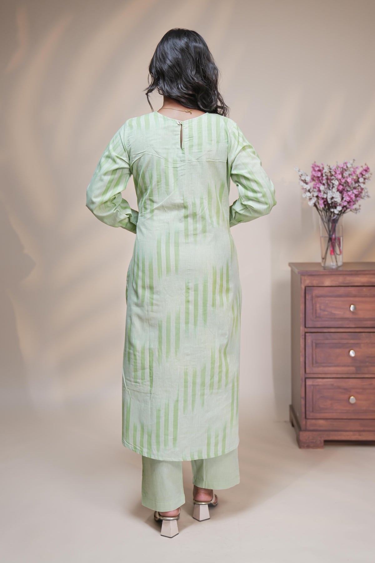 Women mint green striped cotton blend kurta Set with trousers and dupatta set