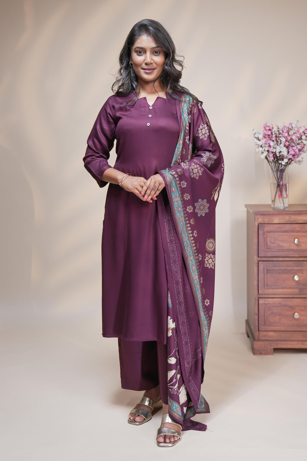 Wine Purple Straight Kurta Set with Printed Dupatta and Palazzo Pants
