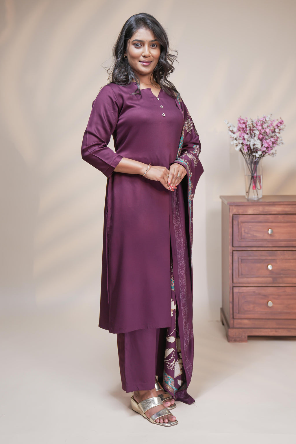 Wine Purple Straight Kurta Set with Printed Dupatta and Palazzo Pants