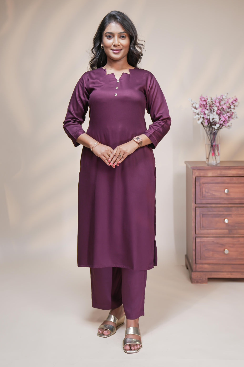 Wine Purple Straight Kurta Set with Printed Dupatta and Palazzo Pants