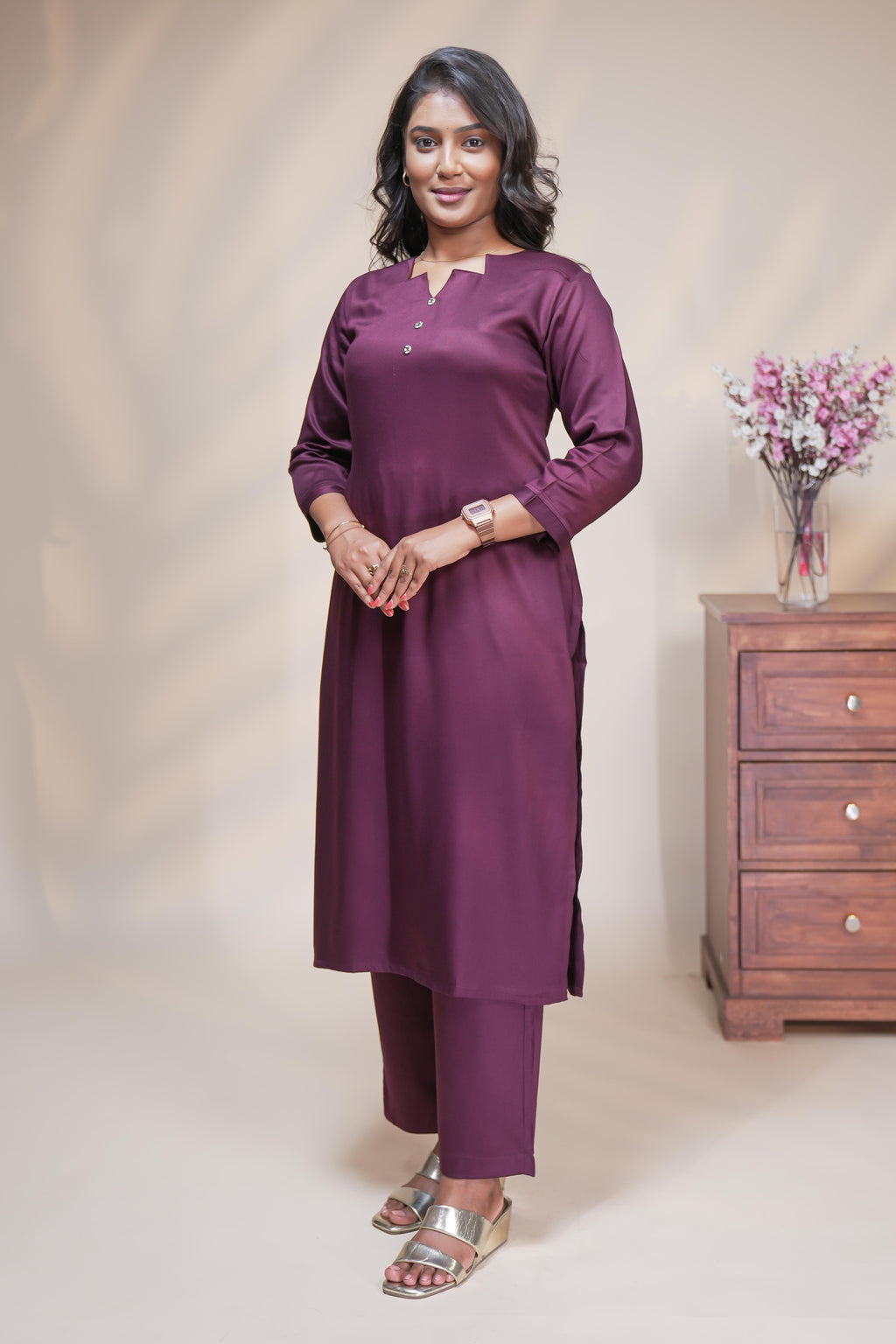Wine Purple Straight Kurta Set with Printed Dupatta and Palazzo Pants