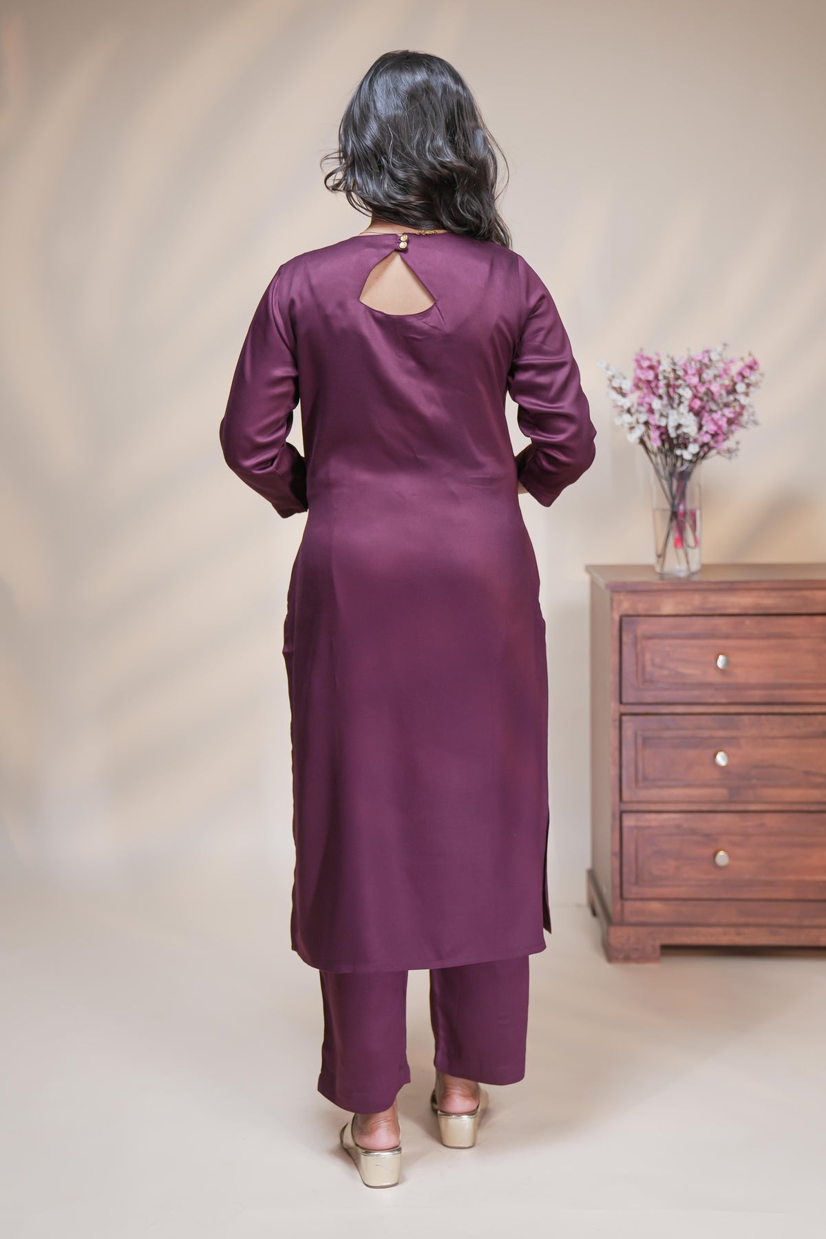 Wine Purple Straight Kurta Set with Printed Dupatta and Palazzo Pants