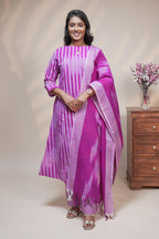 women pink striped designed straight cotton kurta set with matching pant and dupatta