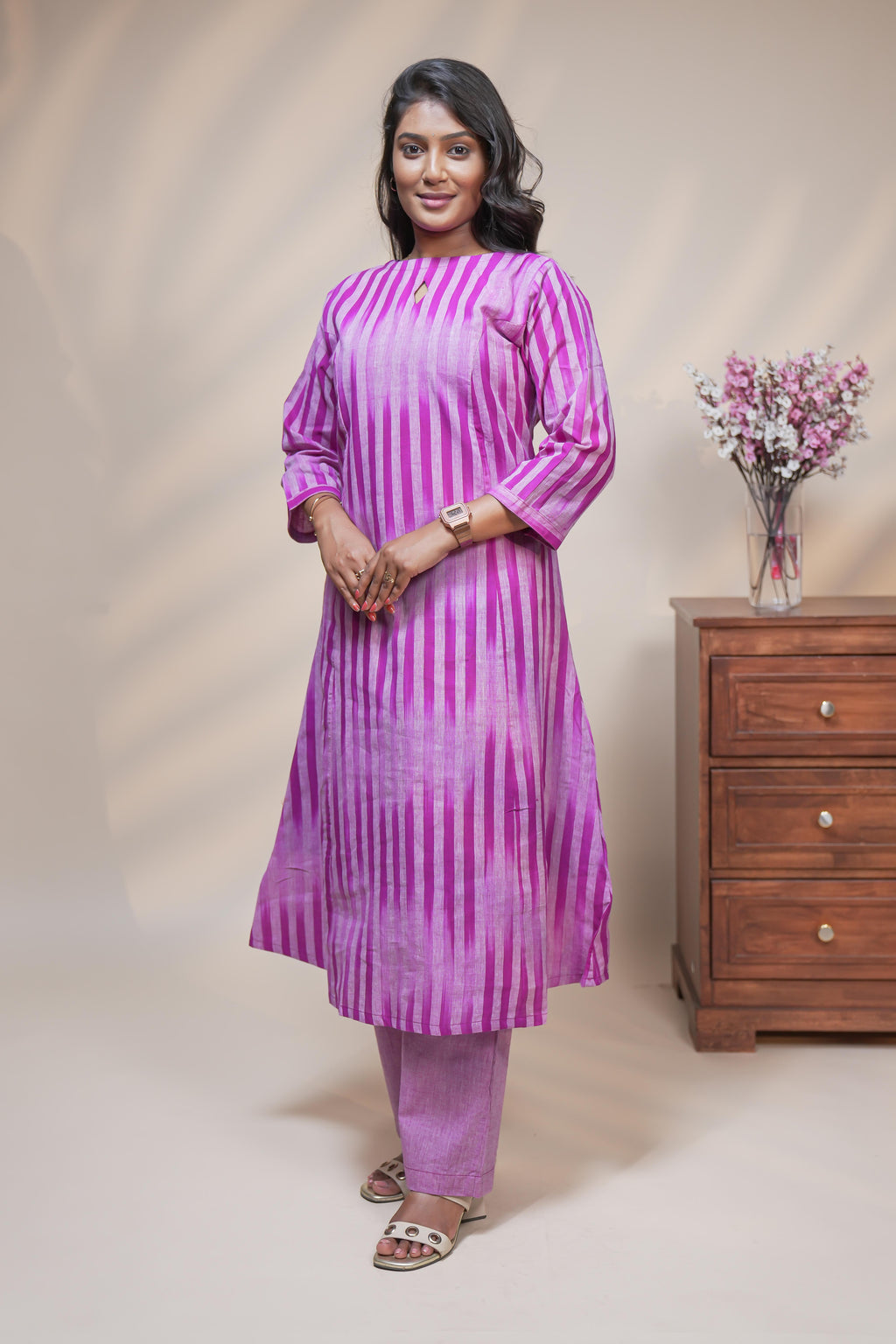 women pink striped designed straight cotton kurta set with matching pant and dupatta