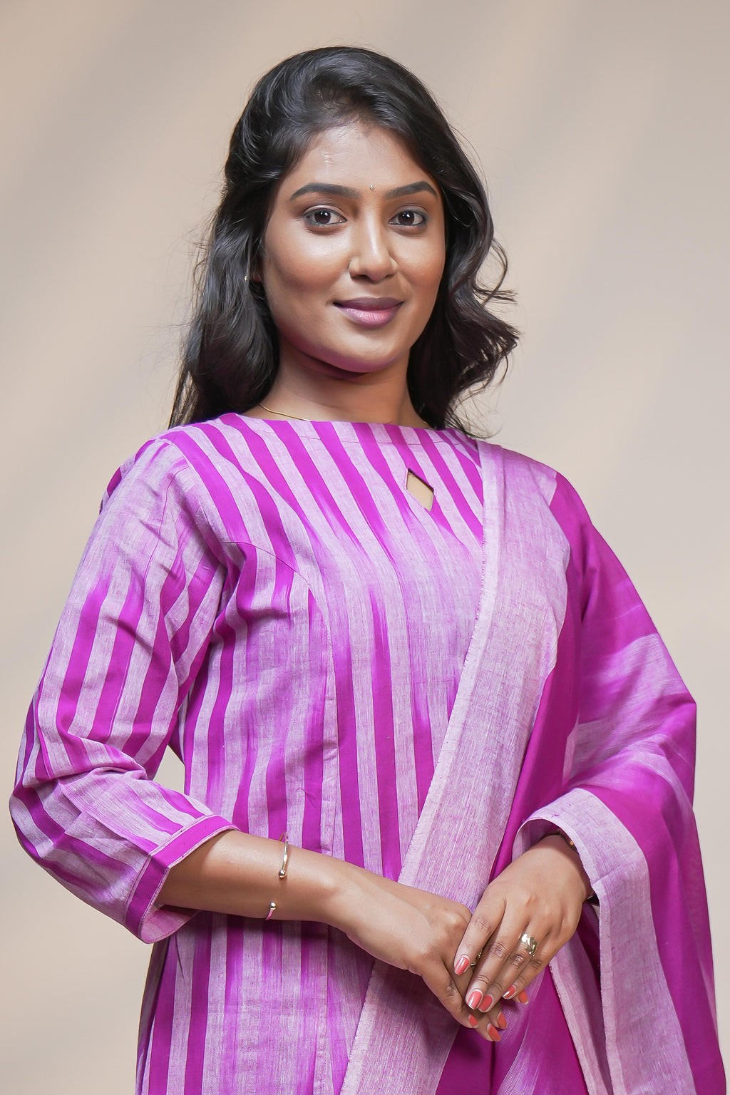 women pink striped designed straight cotton kurta set with matching pant and dupatta